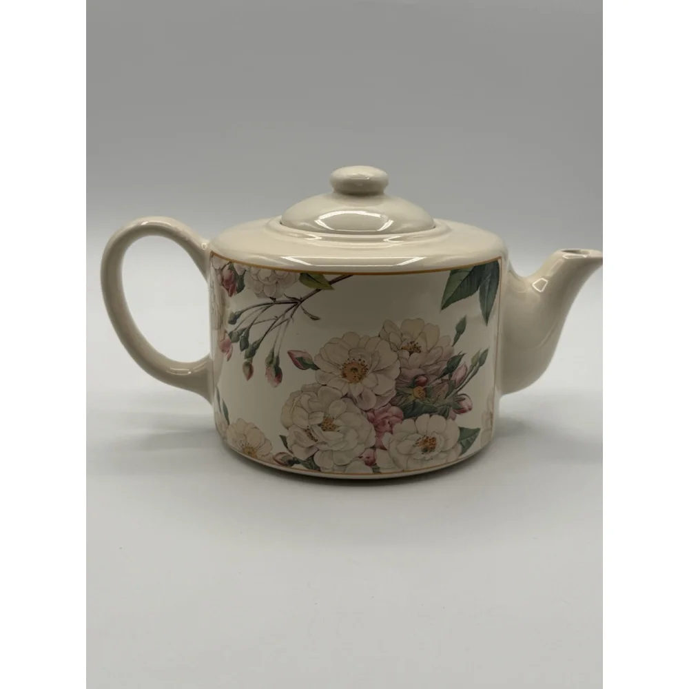 Vintage Hallmark Hawthorne Manor Floral Wild Roses Flat Top Teapot Gold Accents